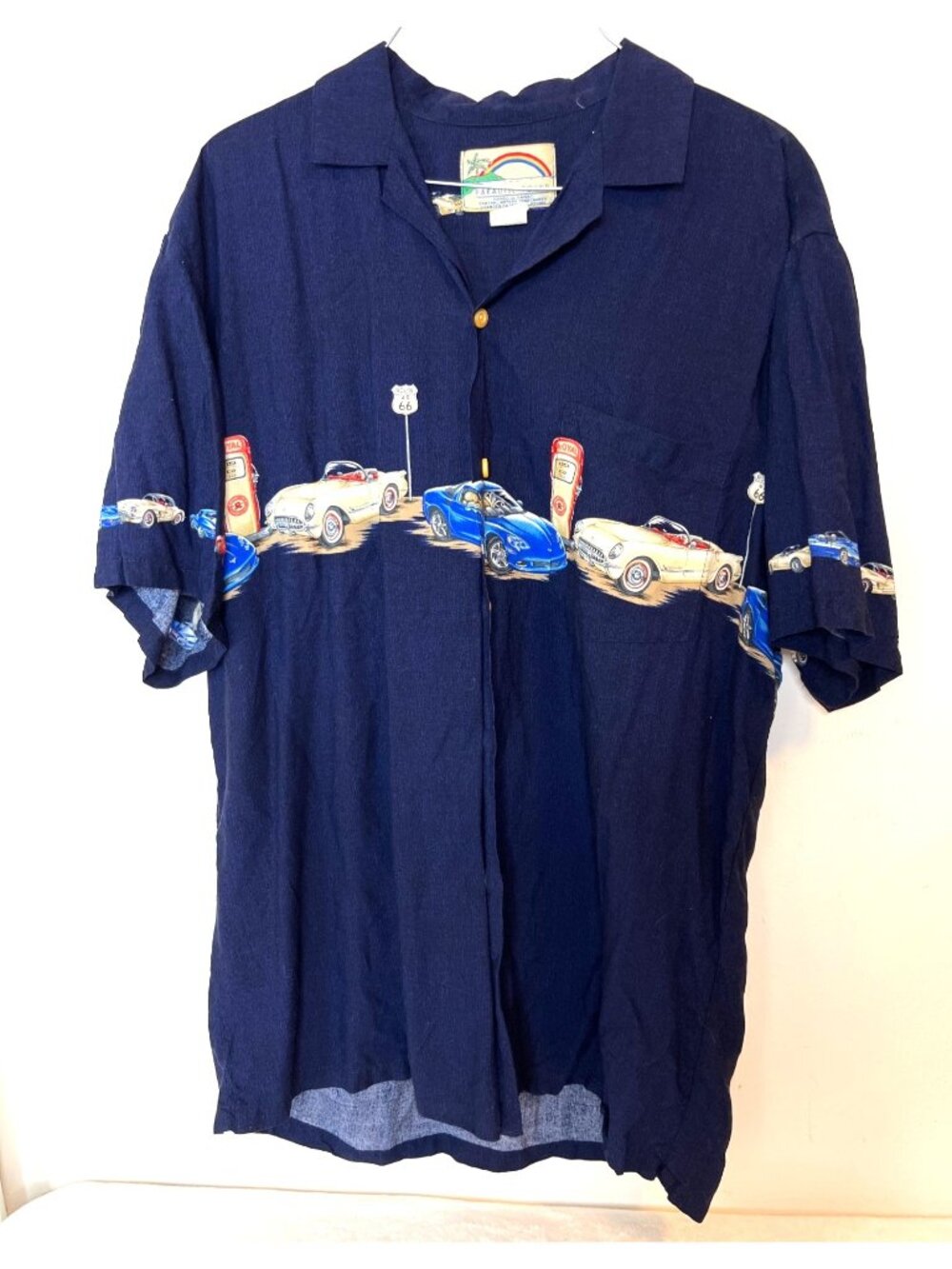 Vintage USA Paradise Found Hawaiian Rayon Shirt Mens Medium‎ Cars Route 66 Gas